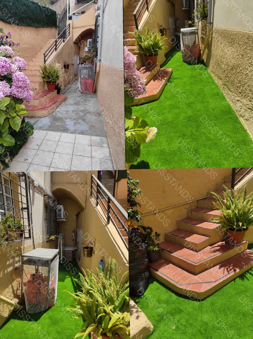 Césped Bredis 30MM - Antes y después · Patio con escalera y jardineras