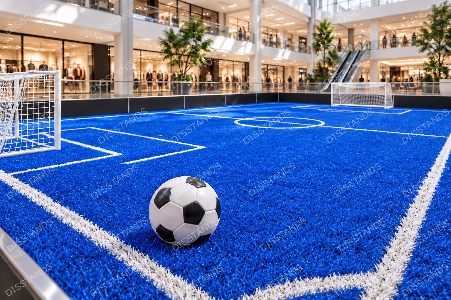 Césped Pradis 25MM - Azul en una cancha de fútbol interior