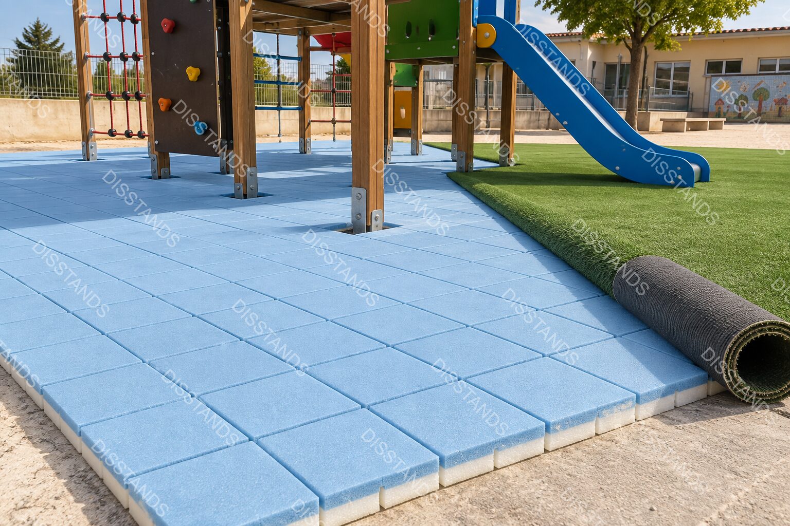 Espuma Sundis 20MM - Ejemplo de instalación: espuma bajo el césped en un parque infantil