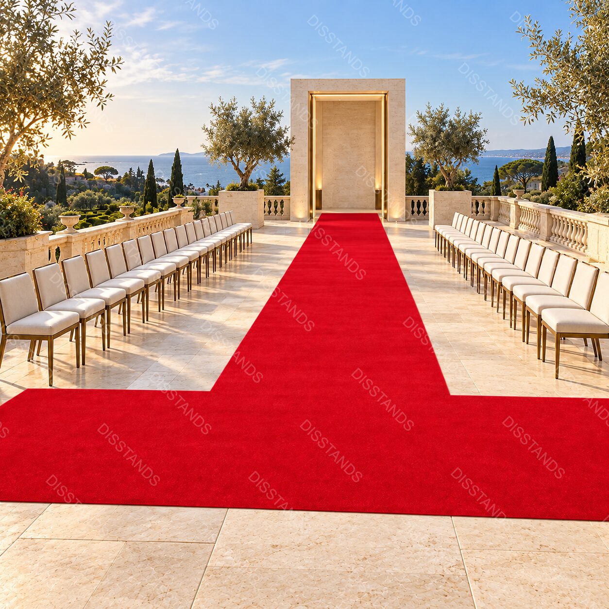 Pasarela de moqueta terciopelo roja en una terraza
